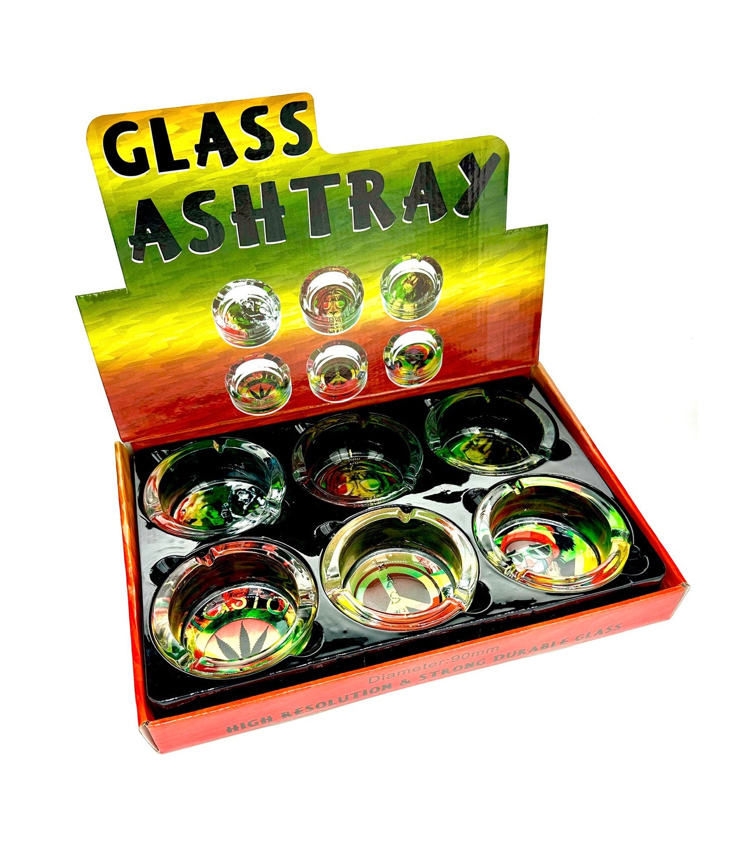 (12 unidades) Cenicero de vidrio con diseños rasta variados de 3" $2.99 c/u