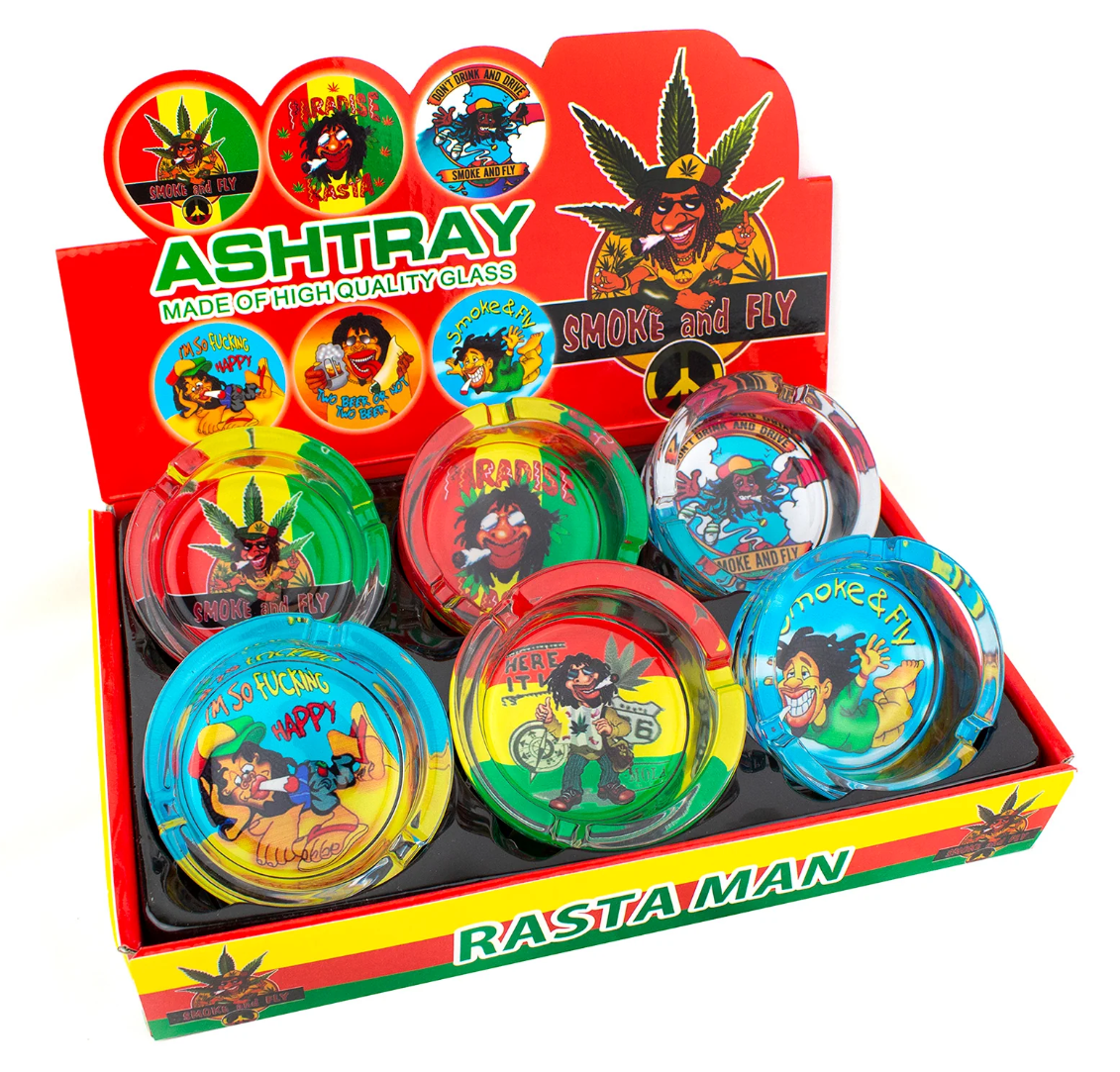 (12 unidades) Cenicero de vidrio Rasta Man de 3" surtido $2.99 c/u
