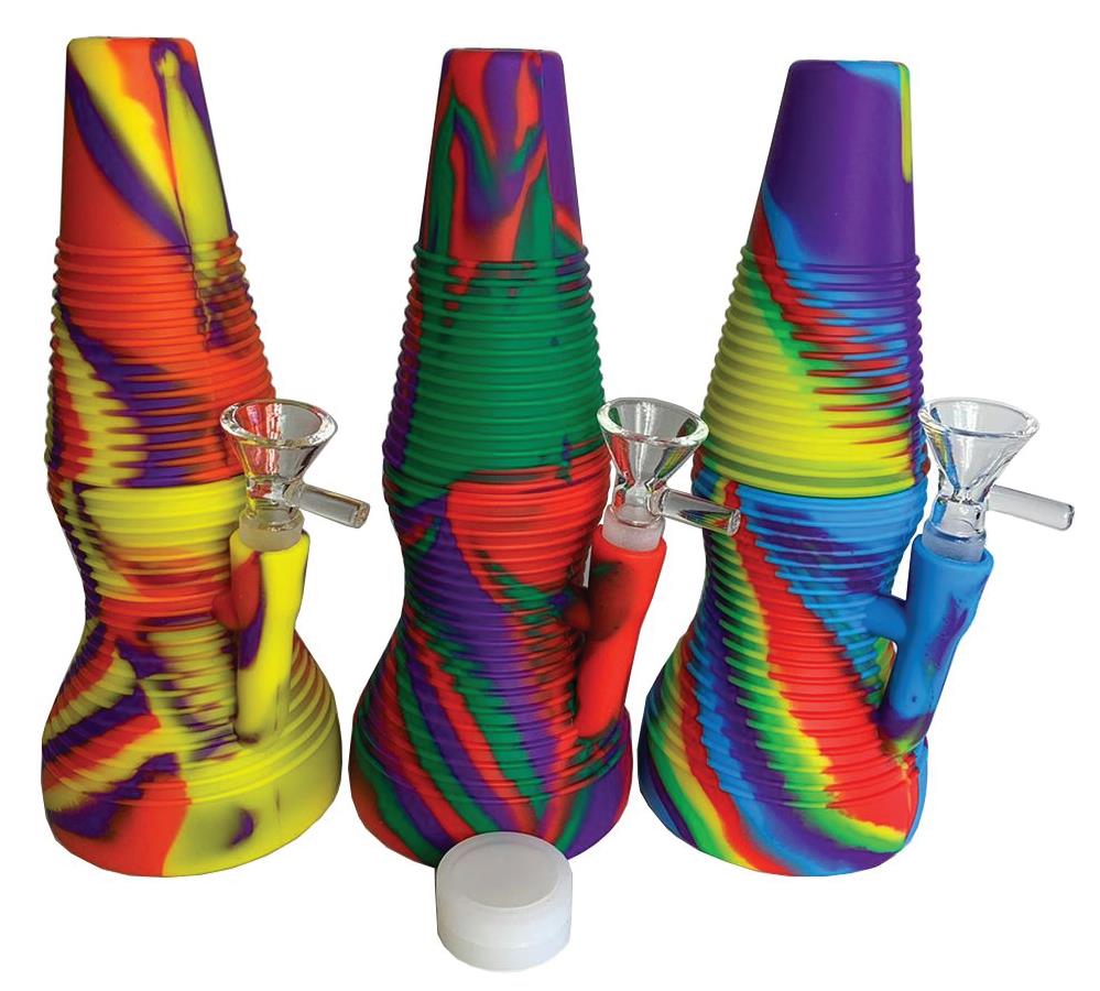 (6ct) 8" Silicone Ribbed Water Pipe Assorted Colors with 5ml container $14.99 EA