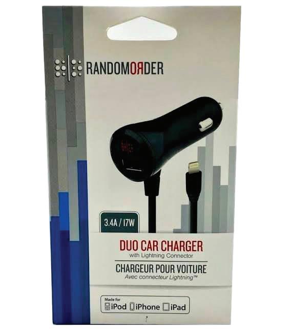 (12 unidades) Cargador para automóvil dúo de alta calidad RandomOrder con conector Lightning $3.99 c/u