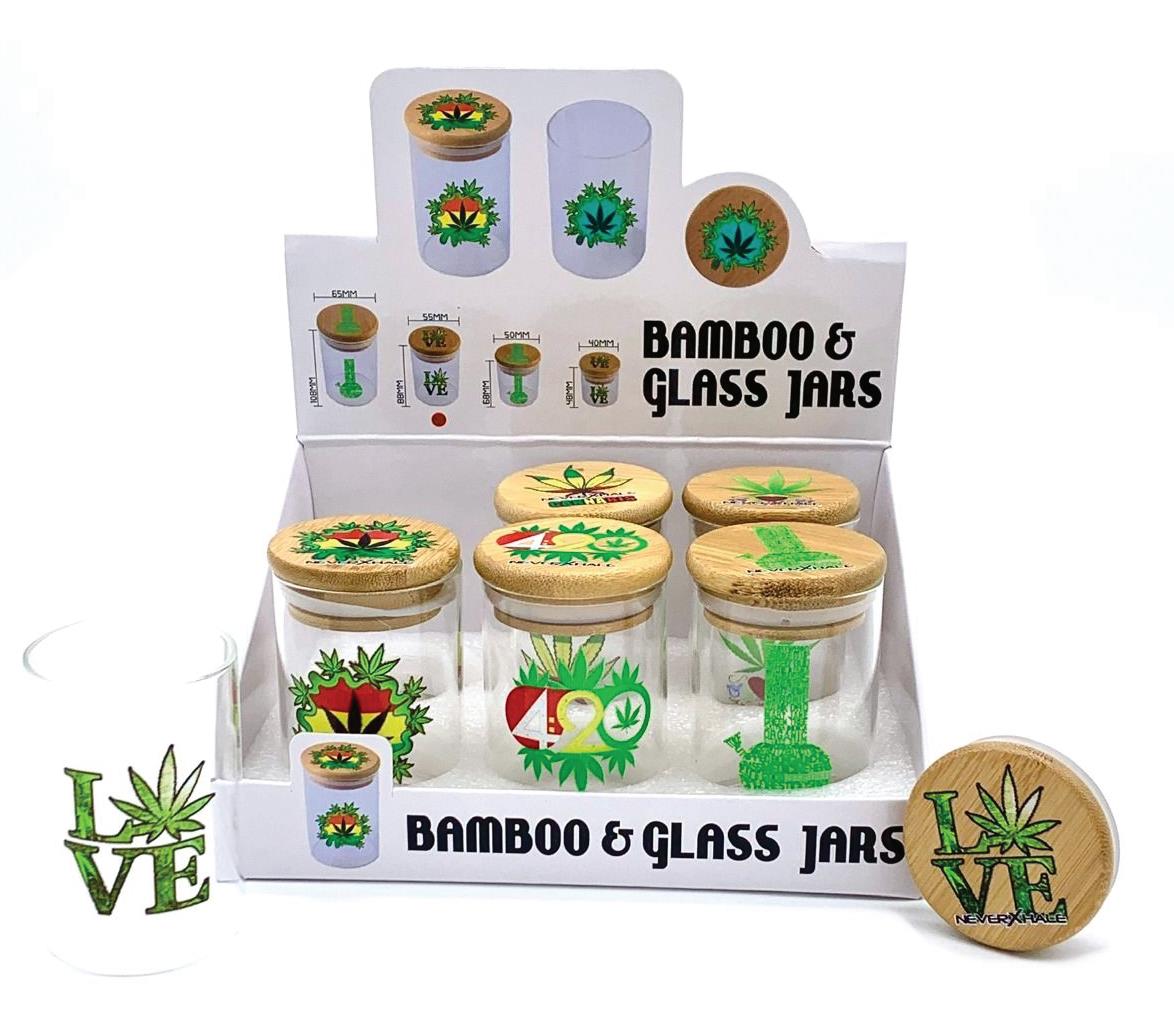 (12 unidades) Frascos de vidrio y bambú de alta calidad de 3.5" Diseños variados $3.5 c/u
