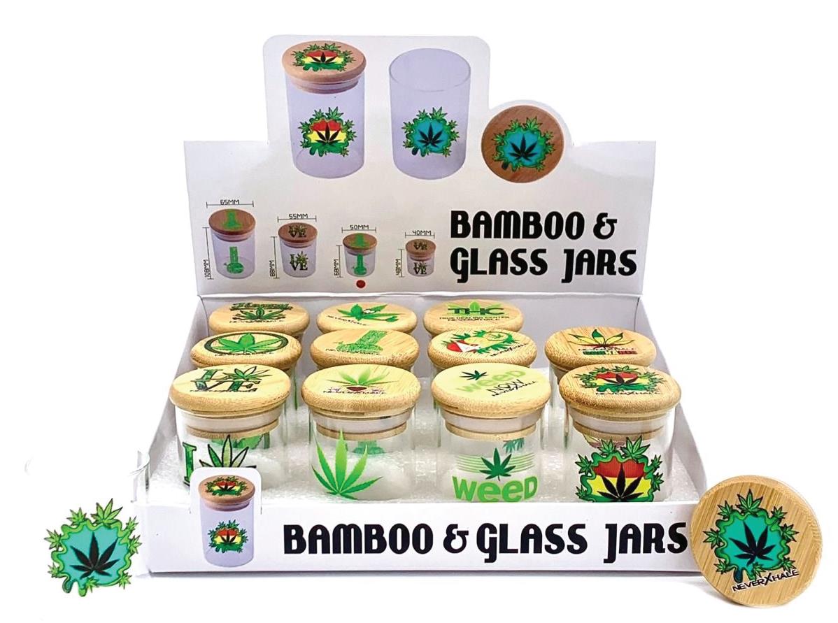 (12 unidades) Frascos de bambú y vidrio de alta calidad de 3" con diseños de hojas surtidas $2.99 ​​c/u