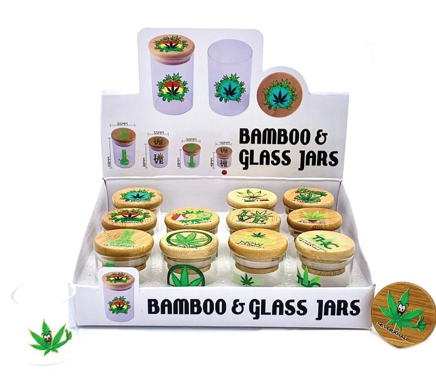 (12 unidades) Frascos de bambú y vidrio de alta calidad de 2" con diseños de hojas surtidas $2.99 ​​c/u