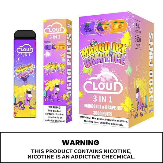 (10ct) Cloud 3 Flavors In 1 3600 Puffs Mango Ice & Grape Ice $4.99 EA