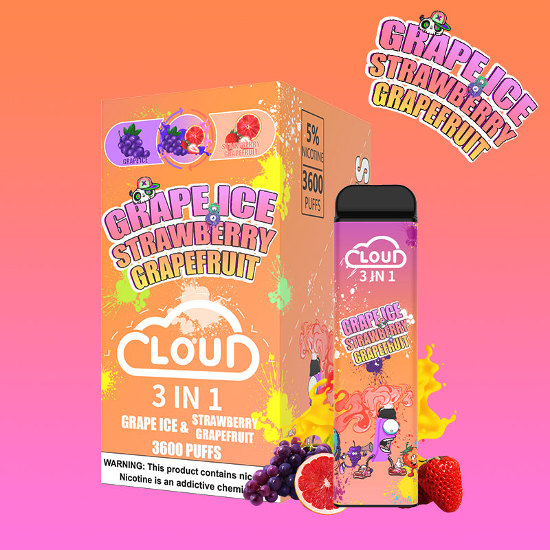 (10ct) Cloud 3 Flavors In 1 3600 Puffs Grape Ice & Strawberry Grapefruit $4.99 EA
