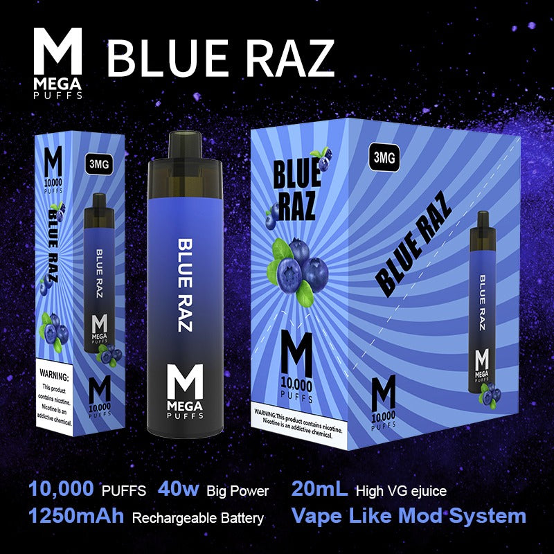 (8 unidades) Mega Mod de vapeo desechable, 10 000 inhalaciones, Blue Raz $10,99 c/u