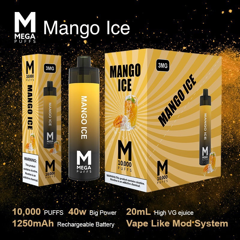 (8 unidades) Mod de vapeo desechable Mega 10,000 inhalaciones Mango Ice $10.99 c/u