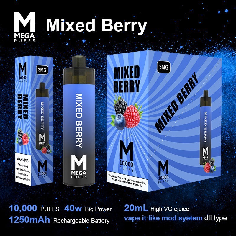(8 unidades) Mod de vapeo desechable Mega, 10 000 inhalaciones, color baya mixta $10,99 c/u