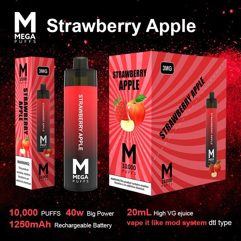 (8 unidades) Mod de vapeo desechable Mega, 10 000 inhalaciones, fresa y manzana $10,99 c/u