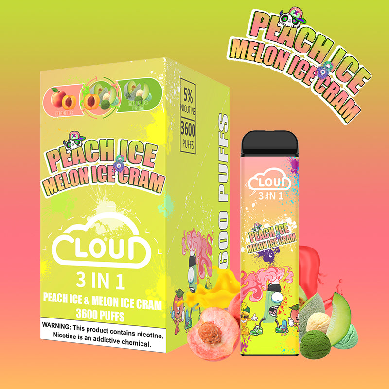(10ct) Cloud 3 Flavors In 1 3600 Puffs Peach Ice & Melon Ice Cram $4.99 EA